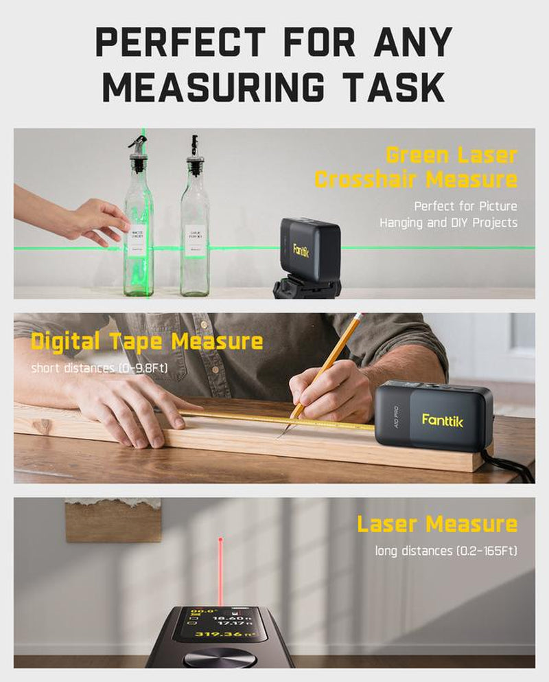 Fanttik A10 APEX 3-In-1 Digital Laser Tape Measure with HD Color Display, 165Ft Rechargeable Laser Measurement & 32Ft Green Cross Line Laser & 9.8Ft Tape, 6 Units, for Distance/Area/Volume/Leveling