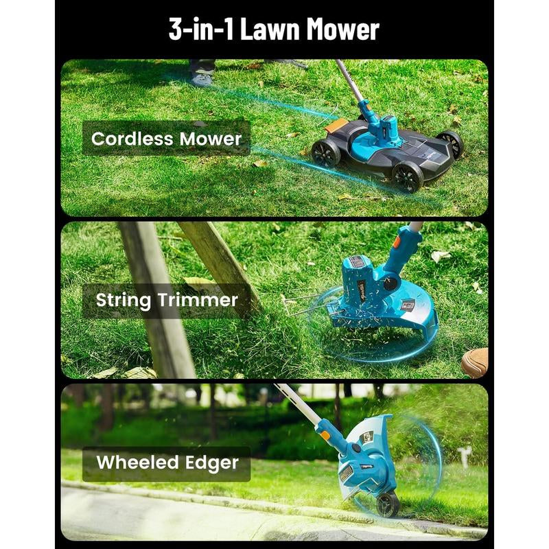 Seesii Electric 12" Lawn Mower and Leaf Blower Combo Kit, 3 in 1 Cordless Weed Wacker Grass Eater with 1.3"/2.1" Height, Battery String Trimmer Rotary Handheld Blower with 5-Speed for Yard Lawn