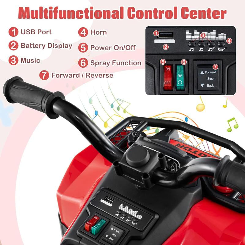 Costzon Kids ATV with Spray Function, 6V Four Wheeler Quad Electric Vehicle with Storage Box, Musin & Lights, Kids 4 Wheeler Ride on Car Toy for Boys Girls 18+ Months