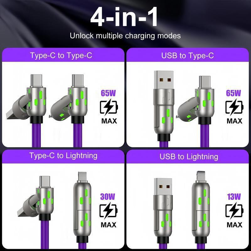 [Buy 1 Get 1 Free] 4-In-1 Multi USB Charging Cable with USB A,Type C,Lightning-Max65W Fast Charging & Data Sync for Iphone16/15,Ipad Pro, Fast Charge Usb Cable 4-In-1 Fast Breathing Light -Max 1 Usb-C Data 4 1 Charging Cable-Yy