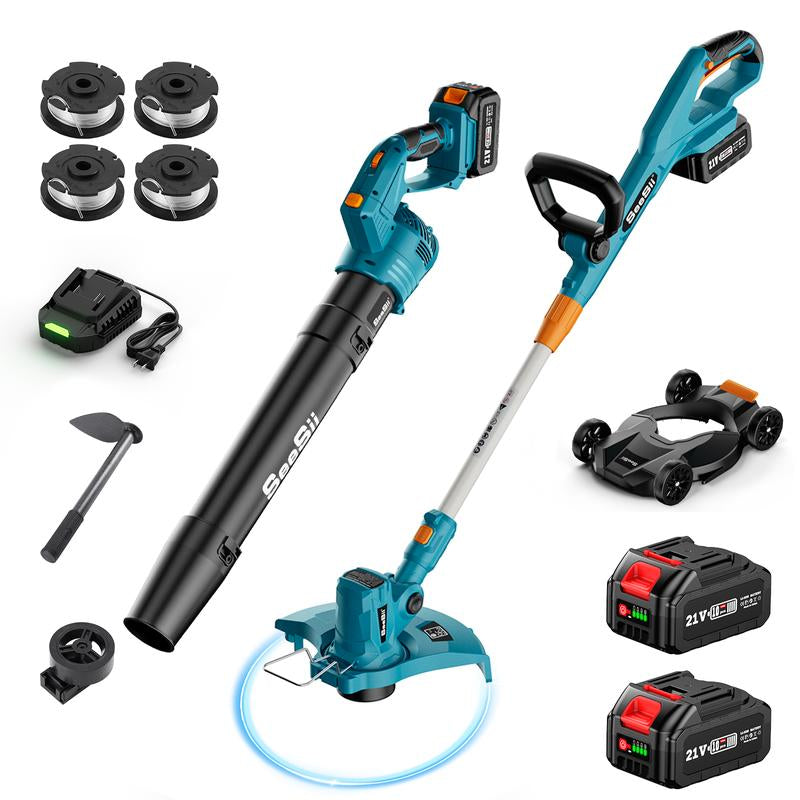 Seesii Electric 12" Lawn Mower and Leaf Blower Combo Kit, 3 in 1 Cordless Weed Wacker Grass Eater with 1.3"/2.1" Height, Battery String Trimmer Rotary Handheld Blower with 5-Speed for Yard Lawn