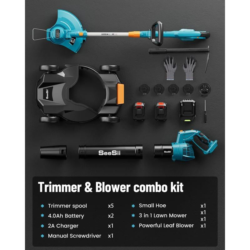 Seesii Electric 12" Lawn Mower and Leaf Blower Combo Kit, 3 in 1 Cordless Weed Wacker Grass Eater with 1.3"/2.1" Height, Battery String Trimmer Rotary Handheld Blower with 5-Speed for Yard Lawn