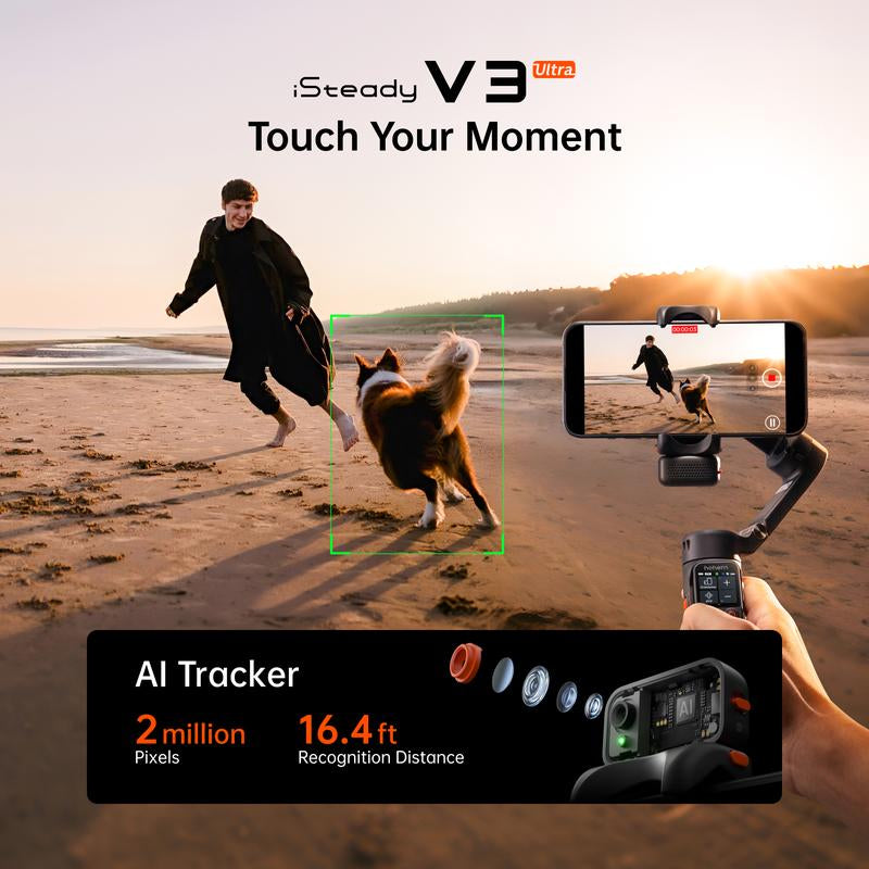 Hohem Isteady V3 Ultra Gimbal,Detachable Touchscreen Remote,Advanced AI Tracking with Any App,360° Infinite Pan Tracking,Select People&Obeject on Touchscreen to Track,3-Color Fill Light,3-Axis Stabilization, Compatible with Most Iphone&Android Series