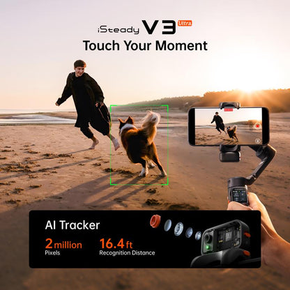 Hohem Isteady V3 Ultra Gimbal,Detachable Touchscreen Remote,Advanced AI Tracking with Any App,360° Infinite Pan Tracking,Select People&Obeject on Touchscreen to Track,3-Color Fill Light,3-Axis Stabilization, Compatible with Most Iphone&Android Series