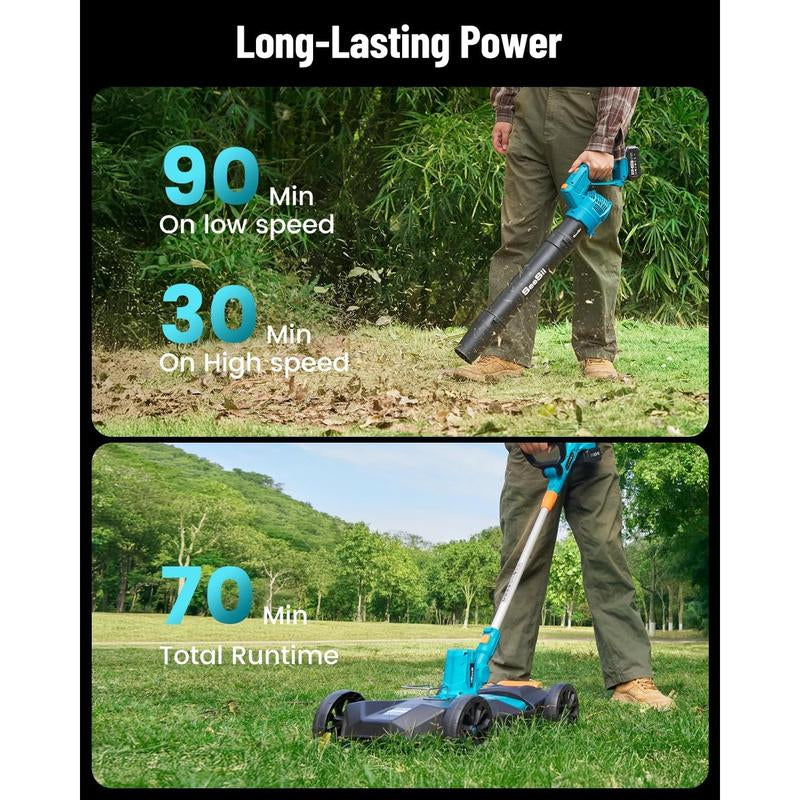 Seesii Electric 12" Lawn Mower and Leaf Blower Combo Kit, 3 in 1 Cordless Weed Wacker Grass Eater with 1.3"/2.1" Height, Battery String Trimmer Rotary Handheld Blower with 5-Speed for Yard Lawn