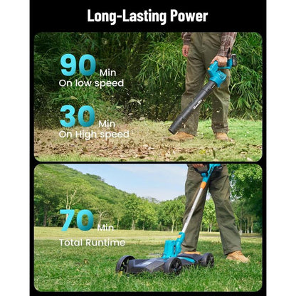 Seesii Electric 12" Lawn Mower and Leaf Blower Combo Kit, 3 in 1 Cordless Weed Wacker Grass Eater with 1.3"/2.1" Height, Battery String Trimmer Rotary Handheld Blower with 5-Speed for Yard Lawn