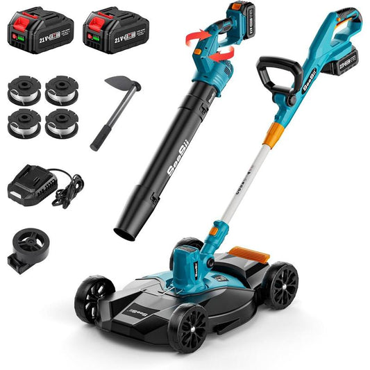 Seesii Electric 12" Lawn Mower and Leaf Blower Combo Kit, 3 in 1 Cordless Weed Wacker Grass Eater with 1.3"/2.1" Height, Battery String Trimmer Rotary Handheld Blower with 5-Speed for Yard Lawn