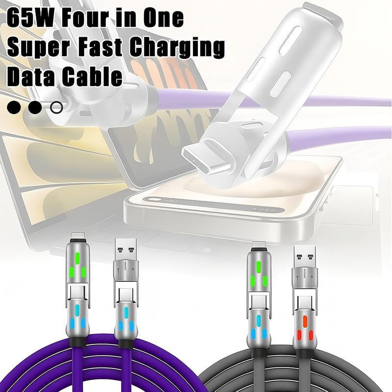 [Buy 1 Get 1 Free] 4-In-1 Multi USB Charging Cable with USB A,Type C,Lightning-Max65W Fast Charging & Data Sync for Iphone16/15,Ipad Pro, Fast Charge Usb Cable 4-In-1 Fast Breathing Light -Max 1 Usb-C Data 4 1 Charging Cable-Yy