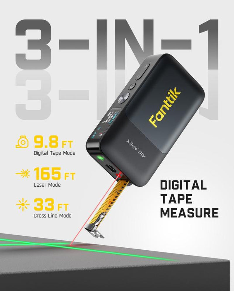 Fanttik A10 APEX 3-In-1 Digital Laser Tape Measure with HD Color Display, 165Ft Rechargeable Laser Measurement & 32Ft Green Cross Line Laser & 9.8Ft Tape, 6 Units, for Distance/Area/Volume/Leveling