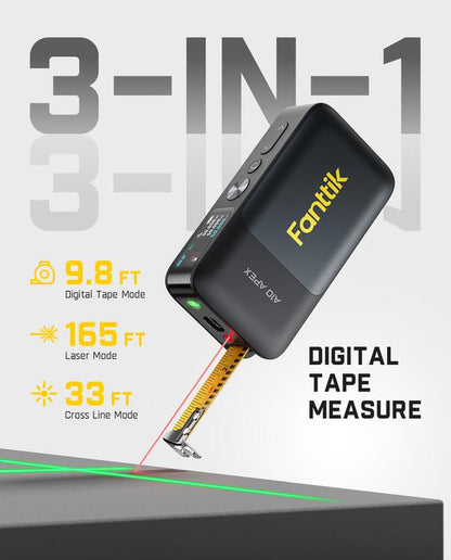 Fanttik A10 APEX 3-In-1 Digital Laser Tape Measure with HD Color Display, 165Ft Rechargeable Laser Measurement & 32Ft Green Cross Line Laser & 9.8Ft Tape, 6 Units, for Distance/Area/Volume/Leveling