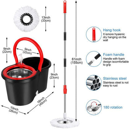 Spin Mop Bucket with Wringer Set Operable 360° Rotating Mop Bucket Set with 3 Microfiber Replacement Heads Stainless Steel Mop Bucket 61 Inch Adjustable Handle Household Cleaning Tools Black Plastic - Removable